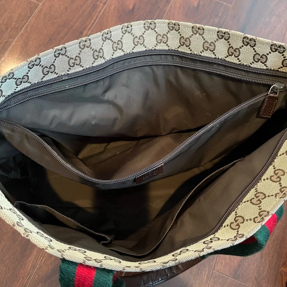 Authentic Gucci Web Canvas GG Diaper Bag Tote Handbag Red Green